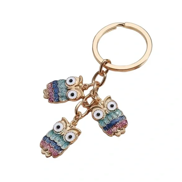 Triple Owl Keyring - Gold Blue Pink - Picture 2 of 3